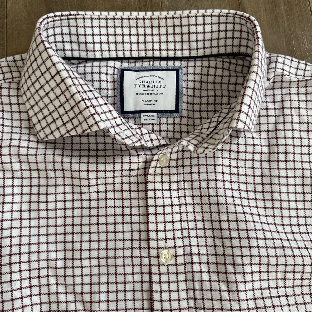 Charles Tyrwhitt Button Up Shirt Classic Fit Non Iron 17.5 35 Check Red Gingham